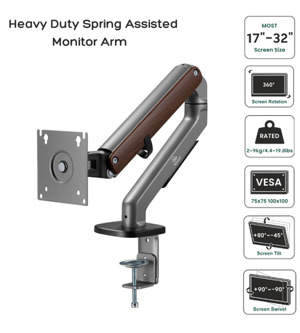 FlowArm monitor arm product packaging and box contents including C-clamp, arm, VESA plate, and hardware