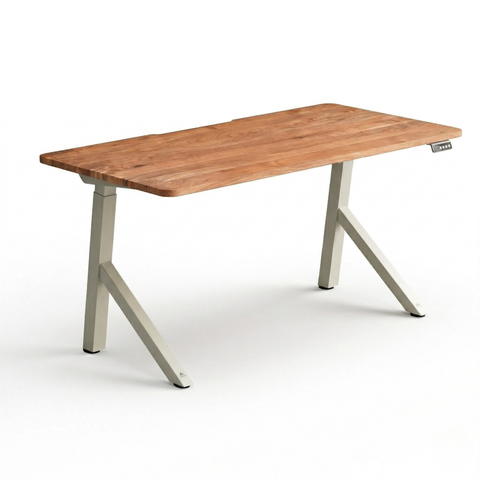 FlowDesk Aero beige frame height adjustable desk, natural acacia wood tabletop — front-angled perspective, white background