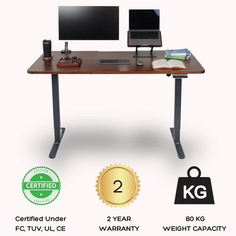 FlowDesk GO Max height adjustable desk with solid wood top, dual monitor setup, 80 kg capacity, and 2 year warranty