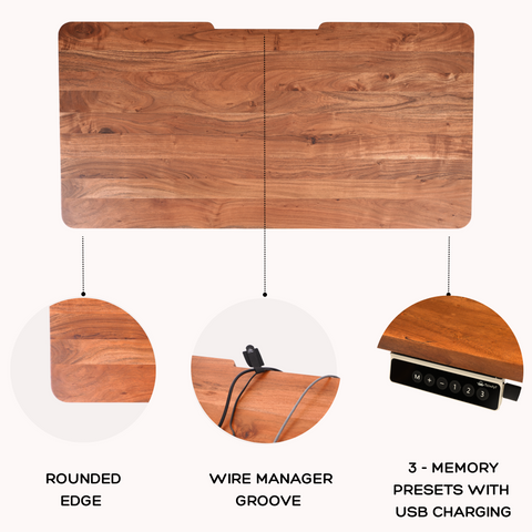 Ergonomic wooden desk surface with rounded edges, cable management groove, and smart control panel with USB port