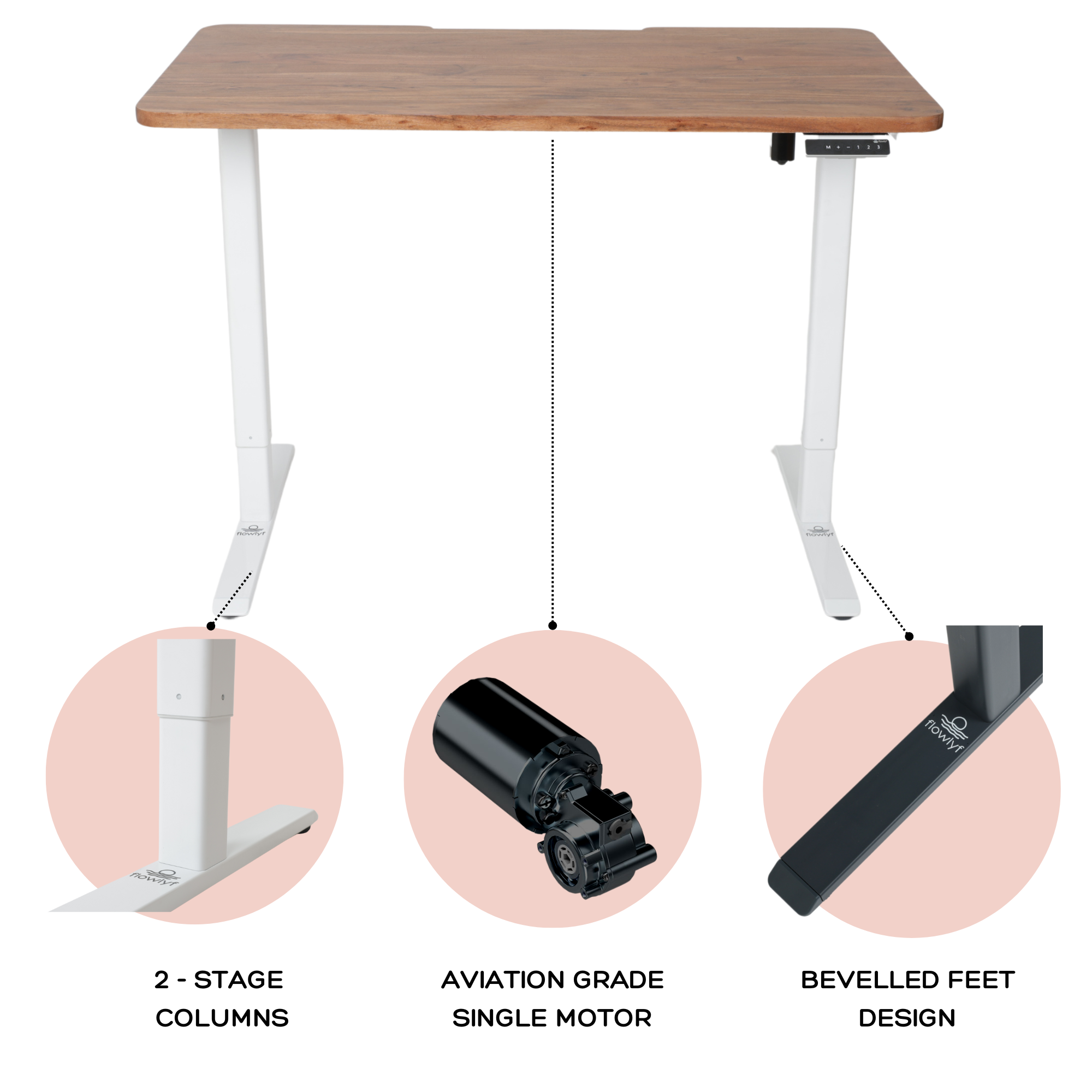 Height adjustable desk with wooden tabletop, single motor system, and 2-stage lifting columns
