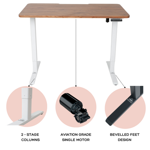 Height adjustable desk with wooden tabletop, single motor system, and 2-stage lifting columns