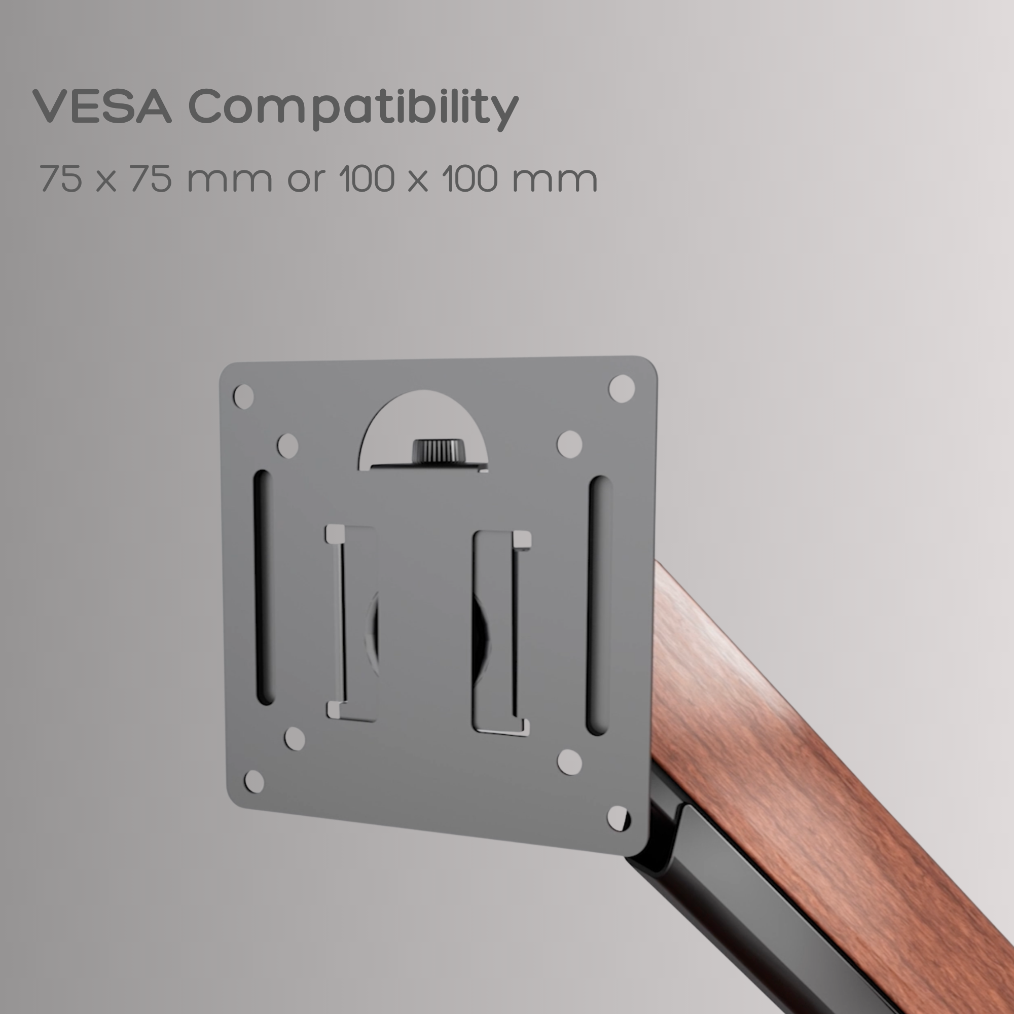 Dual Wooden FlowArm VESA adapter plate wood trim, compatible with 75x75mm and 100x100mm monitors