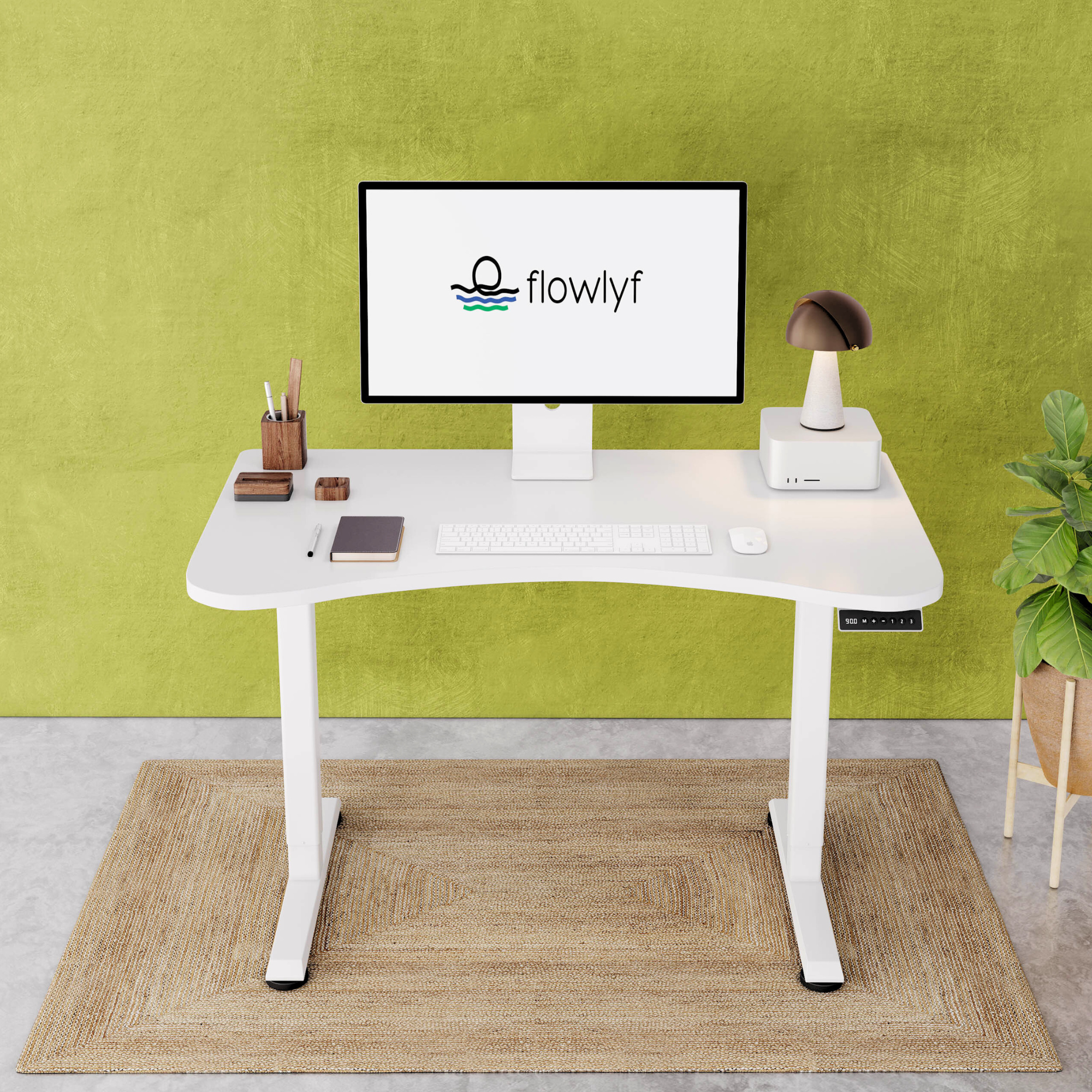 FlowDesk GO 2-stage single motor standing desk with white engineered wood table top and white finish frame with stable ergonomic design