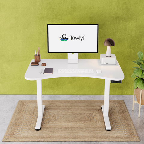 FlowDesk GO 2-stage single motor standing desk with white engineered wood table top and white finish frame with stable ergonomic design