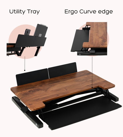 Wooden Standing Desk Converter two-tier platform showing monitor shelf and keyboard tray levels