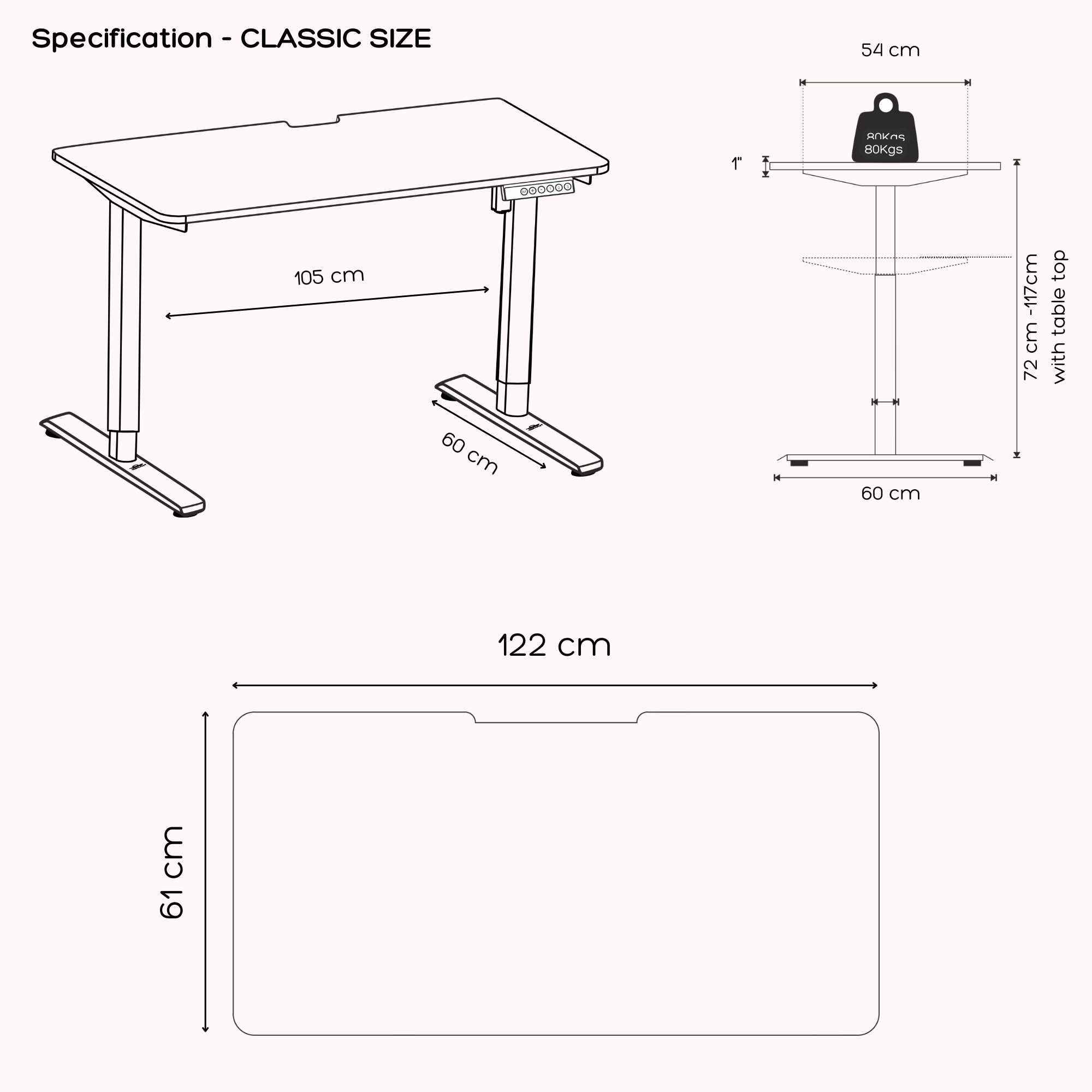 FlowDesk GO  Classic specifications with dimensions of table top 122 cm width, 61 cm depth, height range 72 to 117 cm, and 80 kg weight capacity