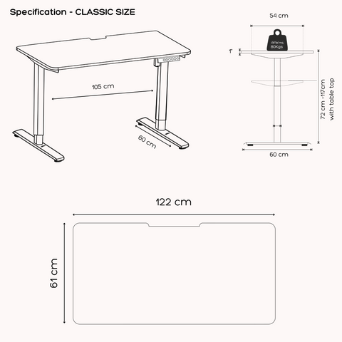 FlowDesk GO  Classic specifications with dimensions of table top 122 cm width, 61 cm depth, height range 72 to 117 cm, and 80 kg weight capacity