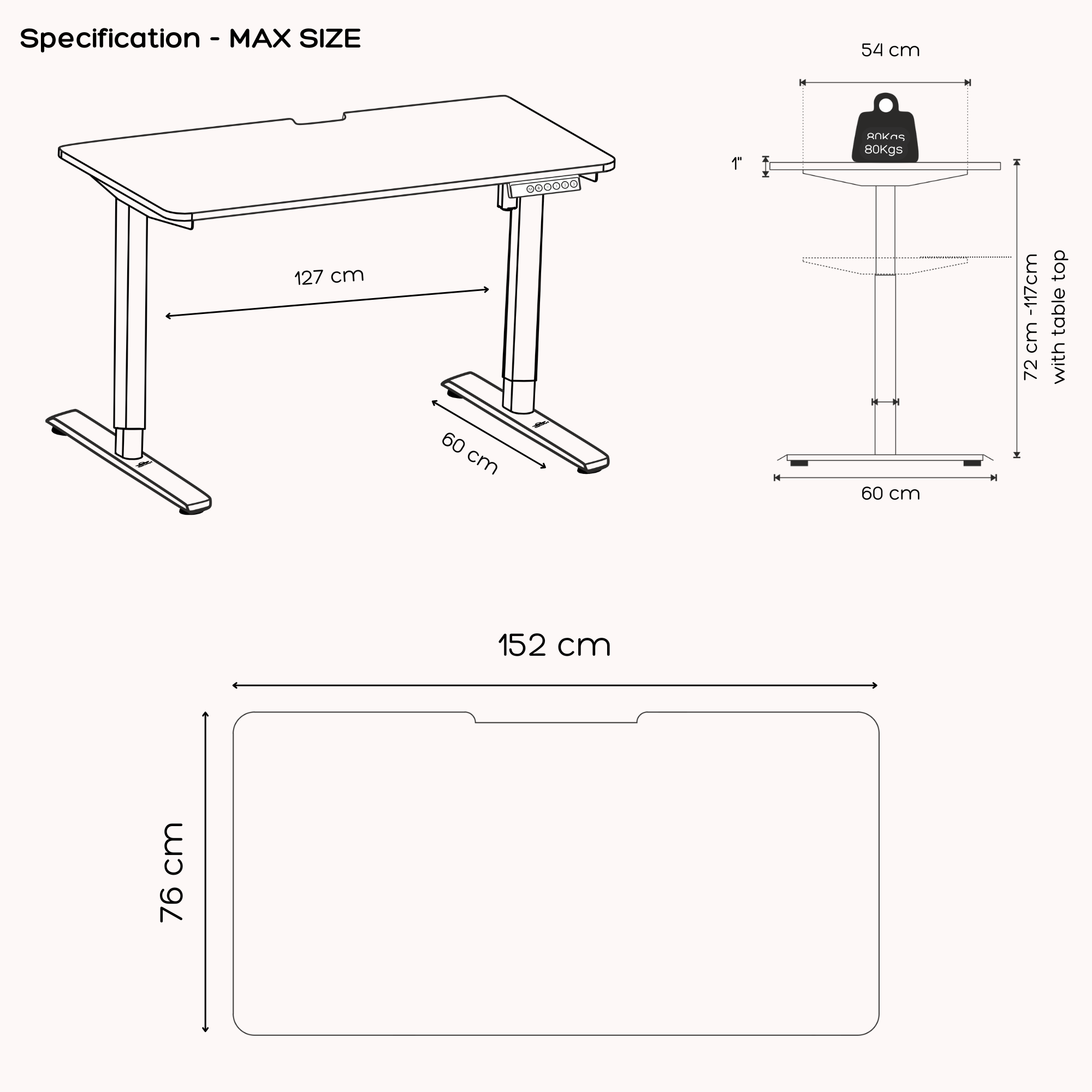 FlowDesk GO  Max specifications with dimensions of table top 152 cm width, 76 cm depth, height range 72 to 117 cm, and 80 kg weight capacity