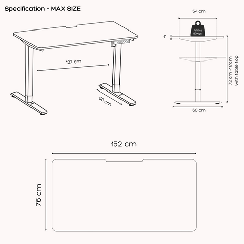 FlowDesk GO  Max specifications with dimensions of table top 152 cm width, 76 cm depth, height range 72 to 117 cm, and 80 kg weight capacity