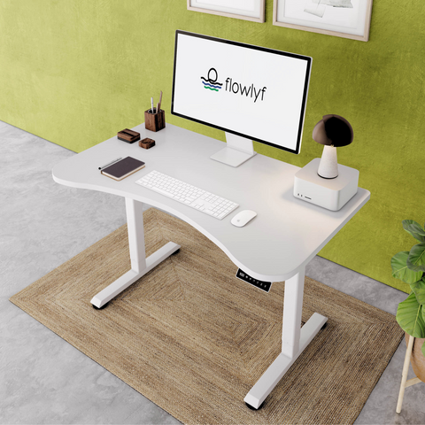 FlowDesk GO 2-stage single motor standing desk with white engineered wood table top and white finish frame with stable ergonomic design