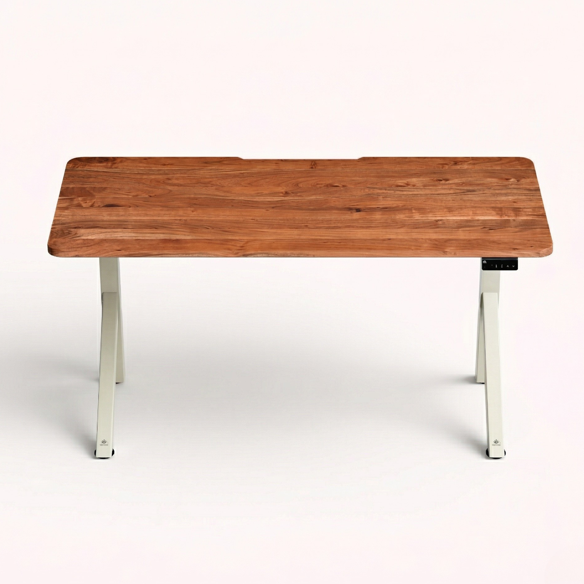 FlowDesk Aero beige Y-shape frame, light natural acacia solid wood tabletop — front view, electric height adjustable standing desk