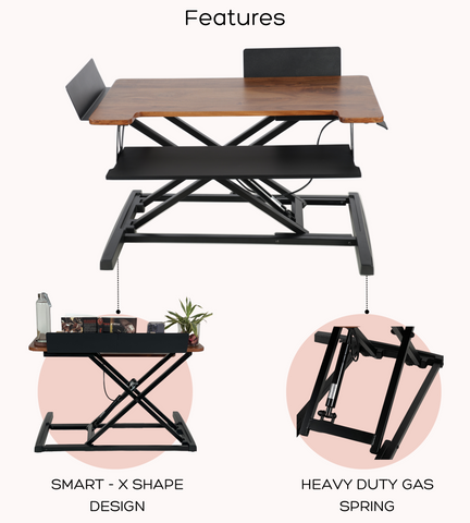 Flowlyf standing desk converter with compact design, strong frame, and smooth height adjustment mechanism