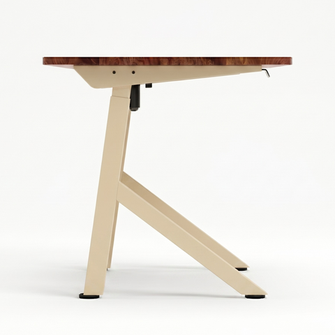FlowDesk Aero beige frame side-profile close-up showing open Y-shape steel leg geometry and electric lifting mechanism