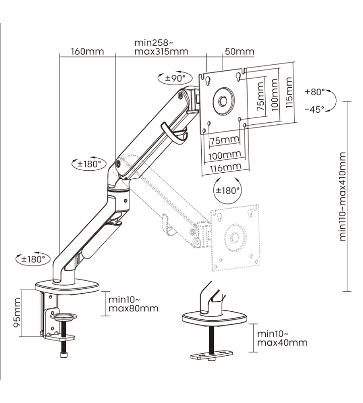FlowArm monitor arm dimension diagram showing height range, arm reach, and 8kg weight capacity specs