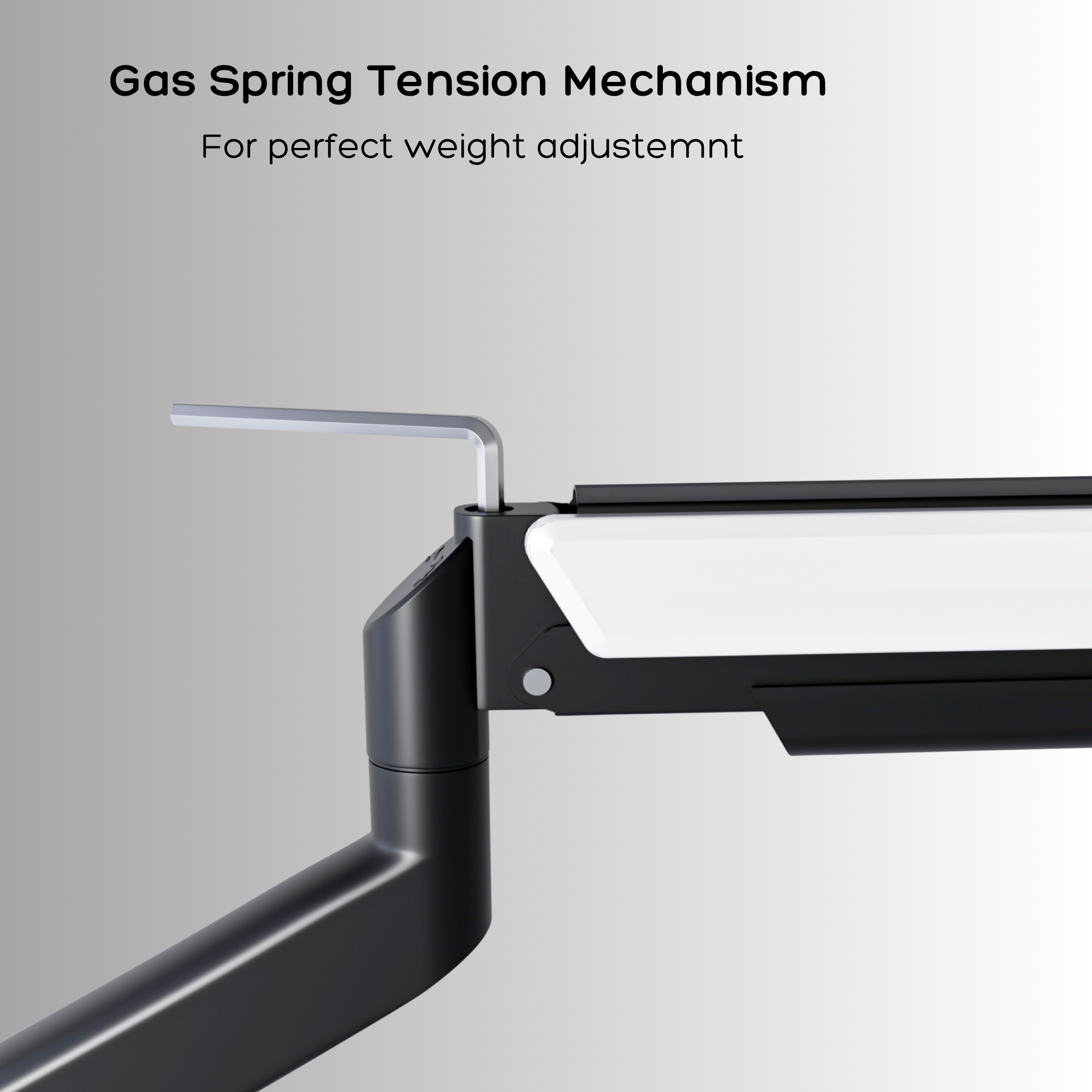 FlowArm Monochrome gas spring mechanism matte black close-up with tension adjustment knob detail