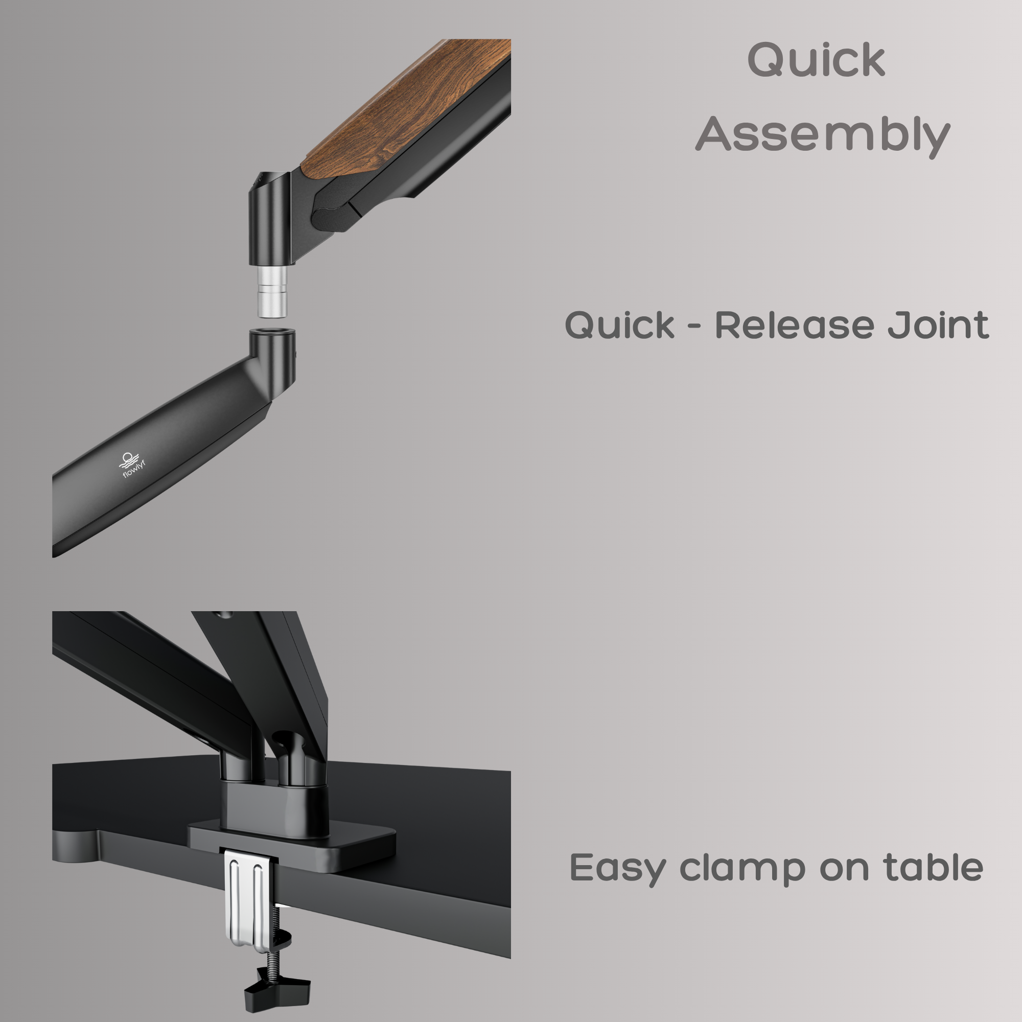 Adjustable monitor arm featuring quick release joint and desk clamp mount for easy assembly and installation