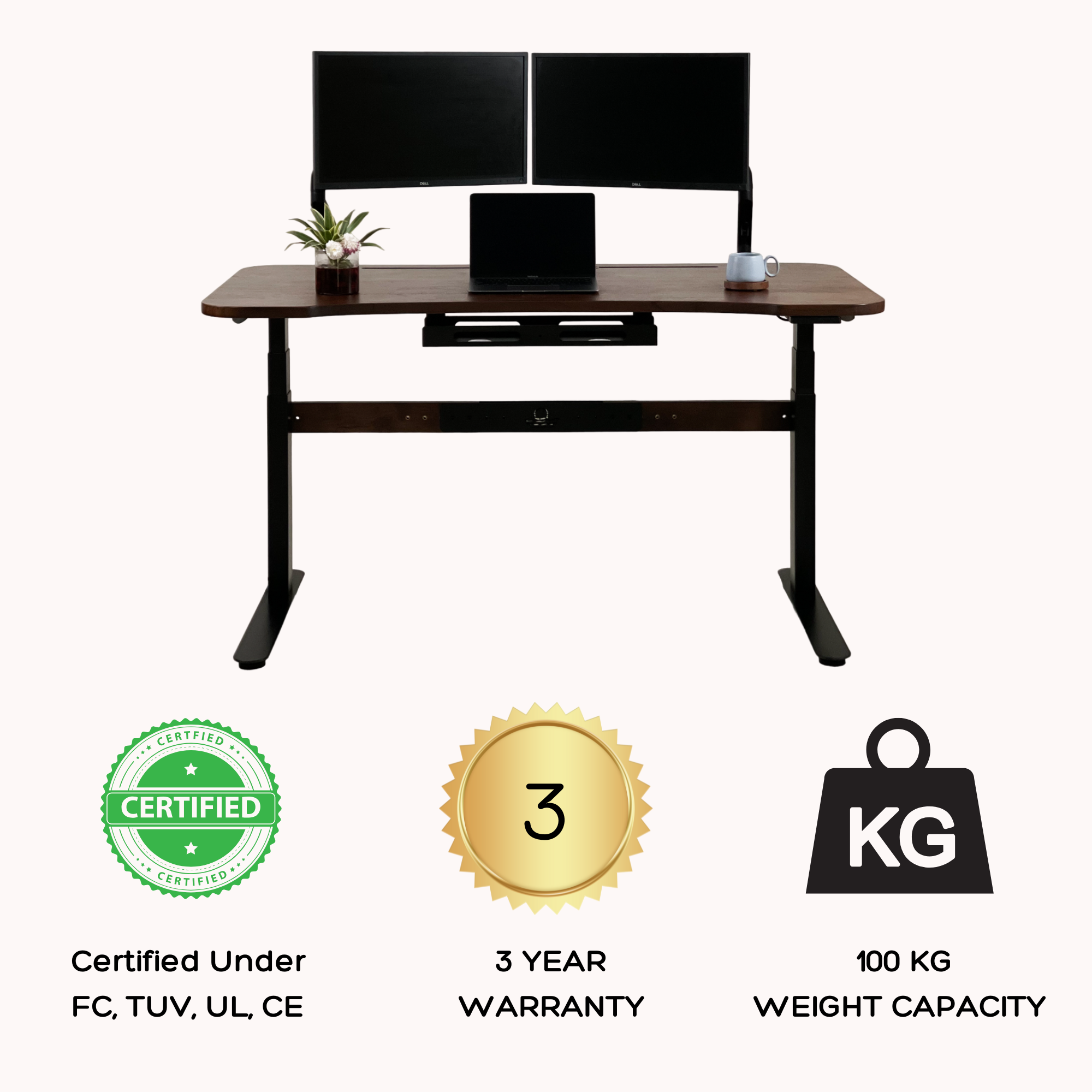 Electric standing desk with dual monitor setup, solid wood top, 100 kg capacity, 3 year warranty, and certified quality standards