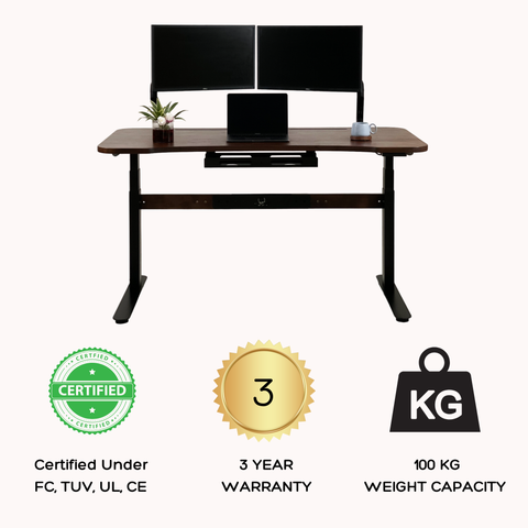 Electric standing desk with dual monitor setup, solid wood top, 100 kg capacity, 3 year warranty, and certified quality standards