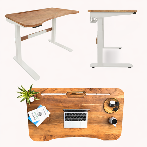 FlowDesk 3 electric standing desk 2 stage frame in pecan and white color with ergonomic workspace setup
