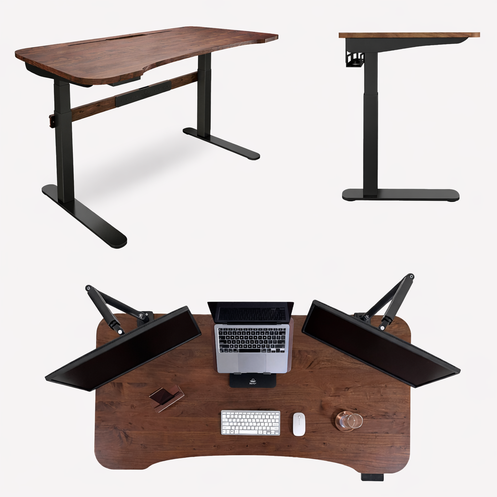 FlowDesk 3 two stage standing desk in Walnut wood and black finish with stable ergonomic design