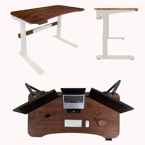FlowDesk 3 electric standing desk 2 stage frame in walnut and white color with ergonomic workspace setup
