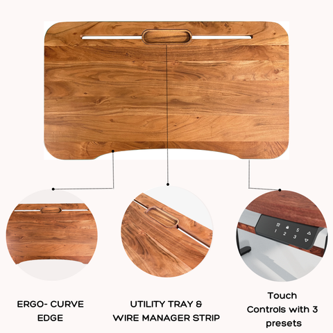 Ergonomic wooden standing desk top with curved edge, built-in utility tray, wire management cut-out, and touch control panel with presets