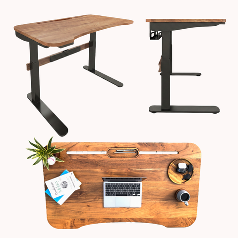 FlowDesk 3 electric standing desk 2 stage frame in pecan and black color with ergonomic workspace setup